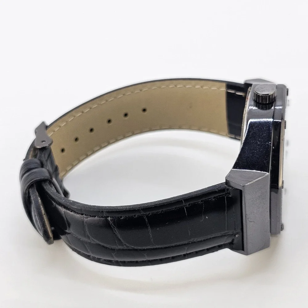 Men's Analog Watch 44MM Black Dial Case Black Faux Leather Bands New Battery